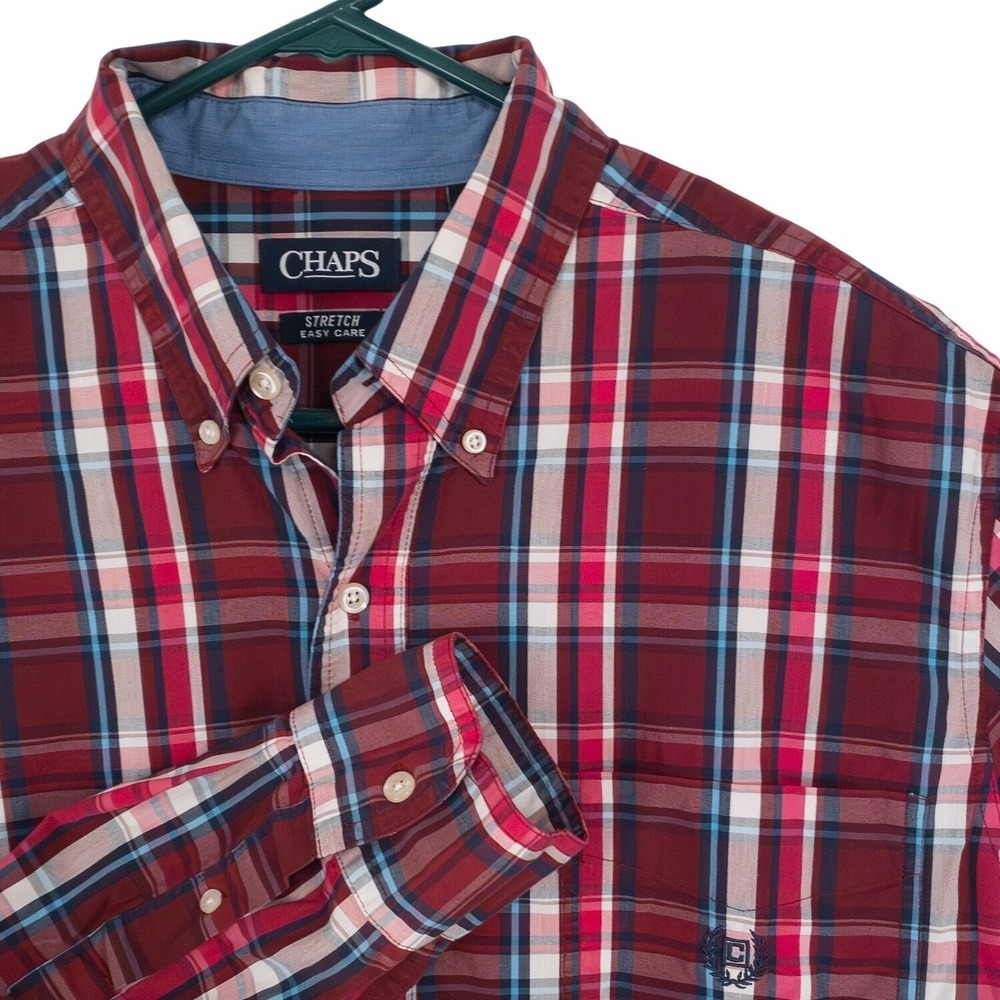 CHAPS Mens XLT Plaid Stretch EZ Care Long Sleeve Button Down Shirt Burgundy Blue